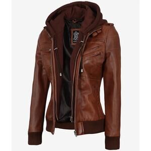 Decrum Edinburgh Genuine Leather Jacket with Removal Hood Size M Cognac
